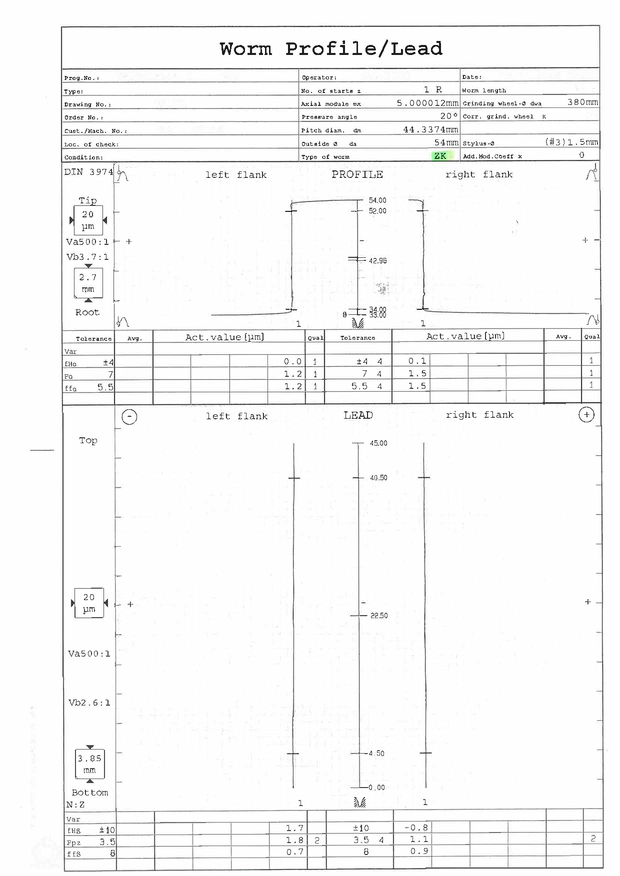 WG2000 ZKウォーム 単条 歯形・リード測定例