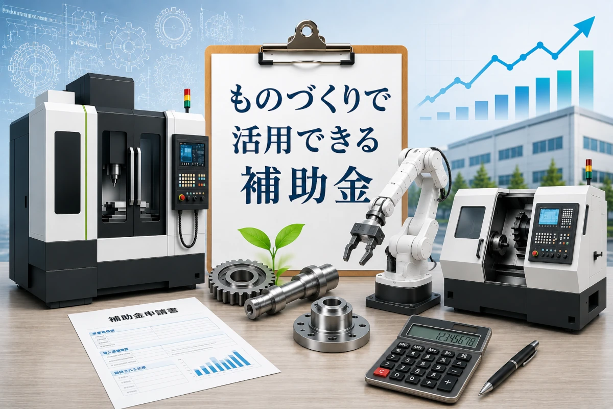 工作機械、産業用ロボット、補助金申請書などを配した、ものづくりで活用できる補助金のイメージ